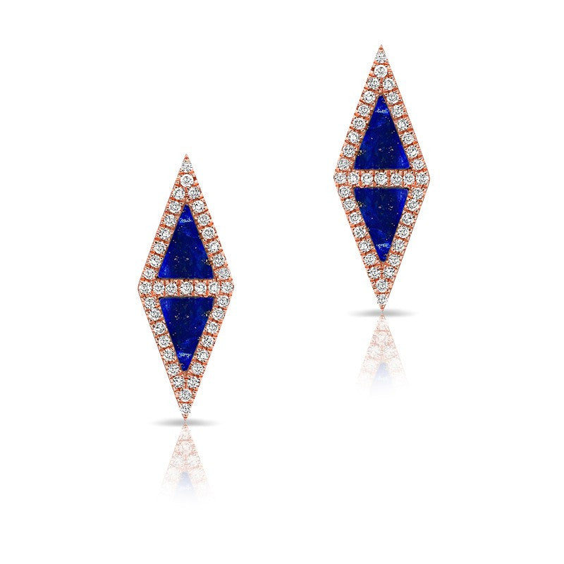 14KT Rose Gold Lapis Diamond Double Triangle Stud Earrings