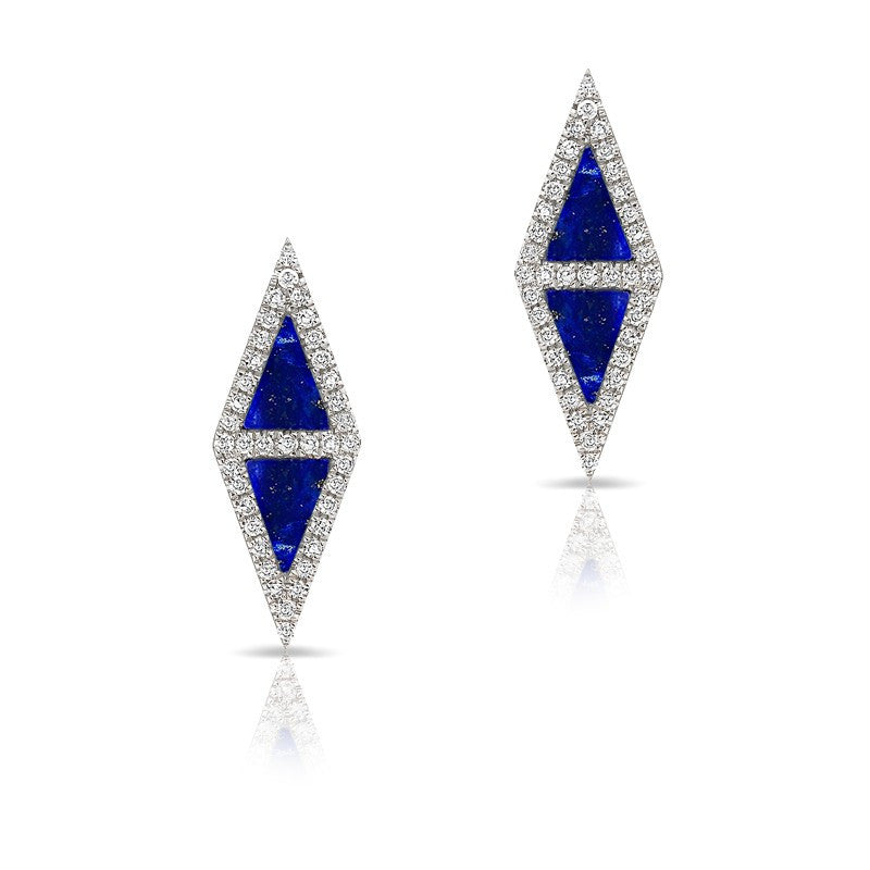 14KT White Gold Lapis Diamond Double Triangle Stud Earrings