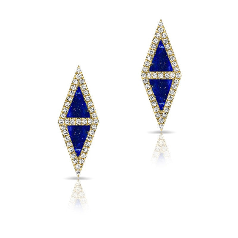 14KT Yellow Gold Lapis Diamond Double Triangle Stud Earrings