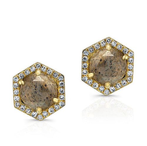 14K Yellow Gold Diamond Labradorite Hexagon Shape Stud Earrings