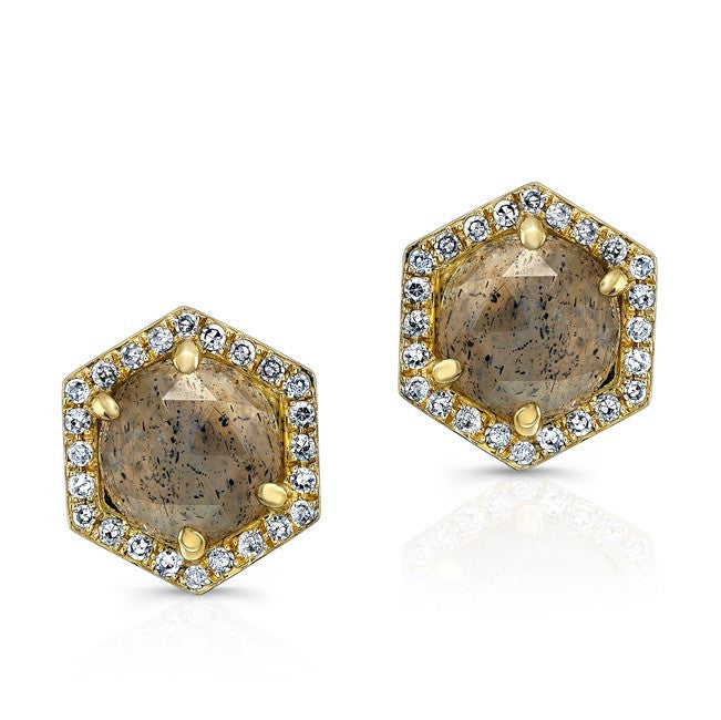 14K Yellow Gold Diamond Labradorite Hexagon Shape Stud Earrings