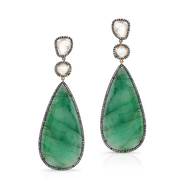 14KT Rose Gold Slice Diamond Pear Shape Emerald Earrings