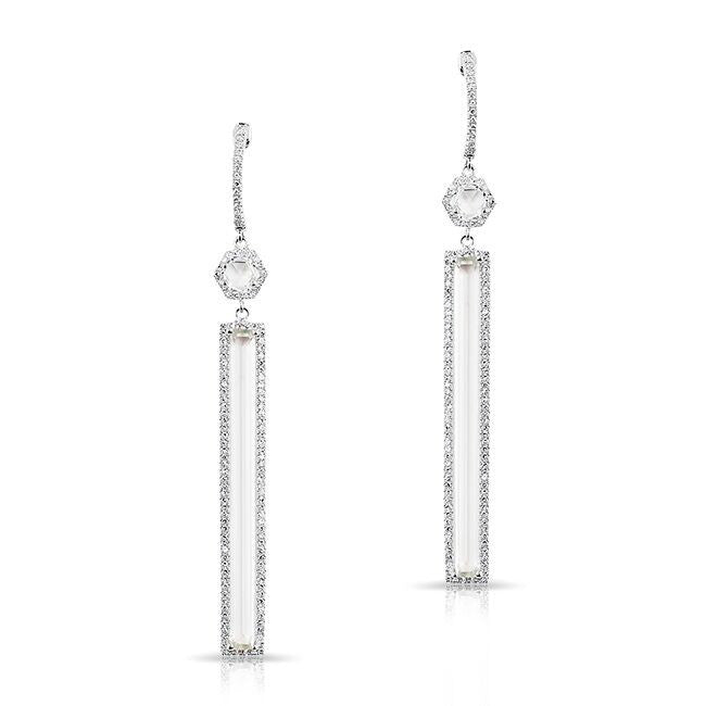 14KT White Gold White Topaz Diamond Bar Drop Earrings