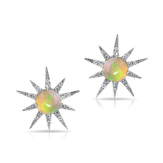 14KT White Gold Opal Diamond Starburst Stud Earrings