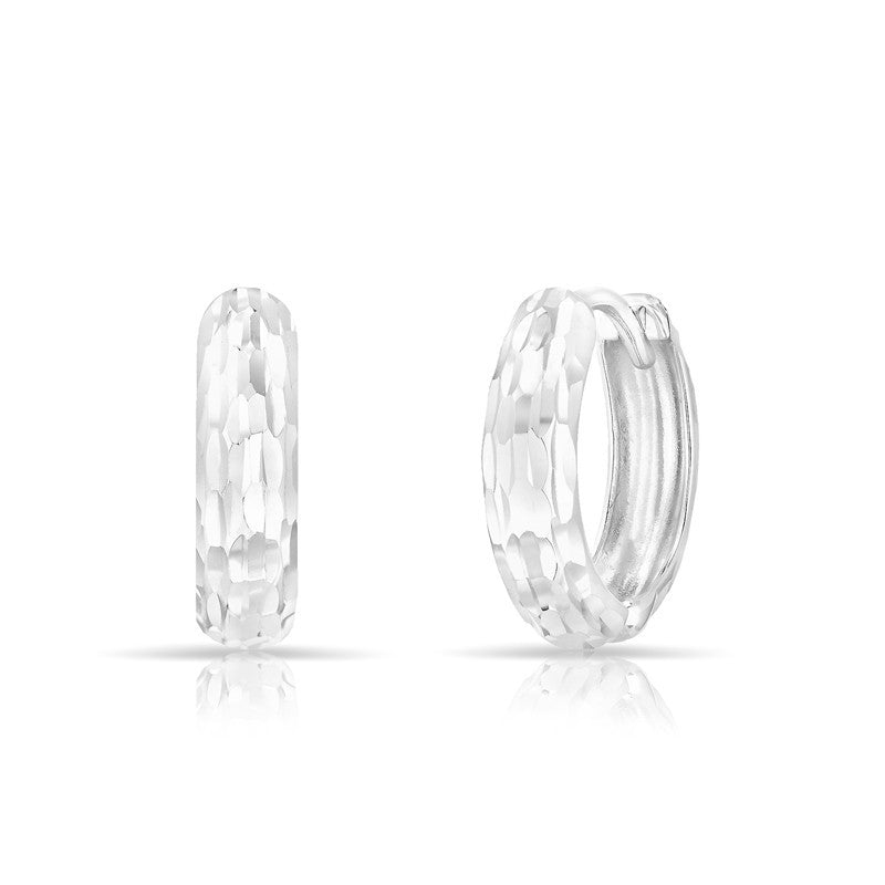 14KT Solid White Gold Sleek Faceted Huggie Earrings