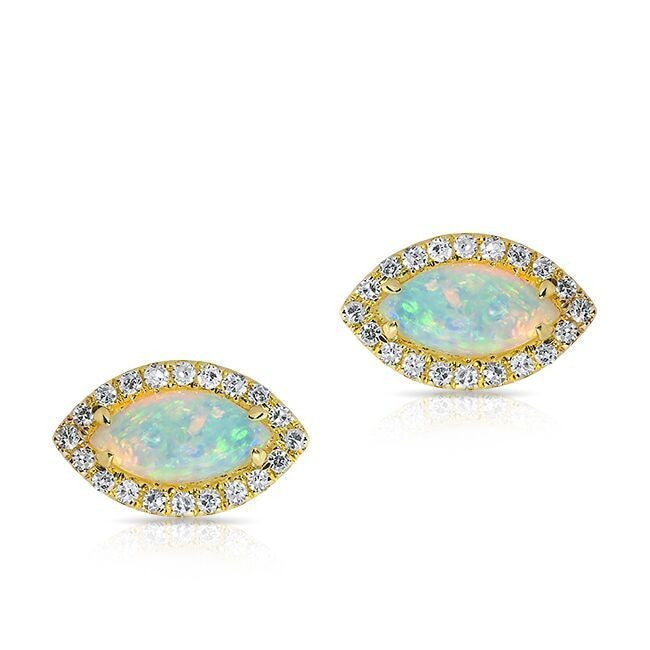 14KT Yellow Gold Opal Diamond Mini Marquis Stud Earrings