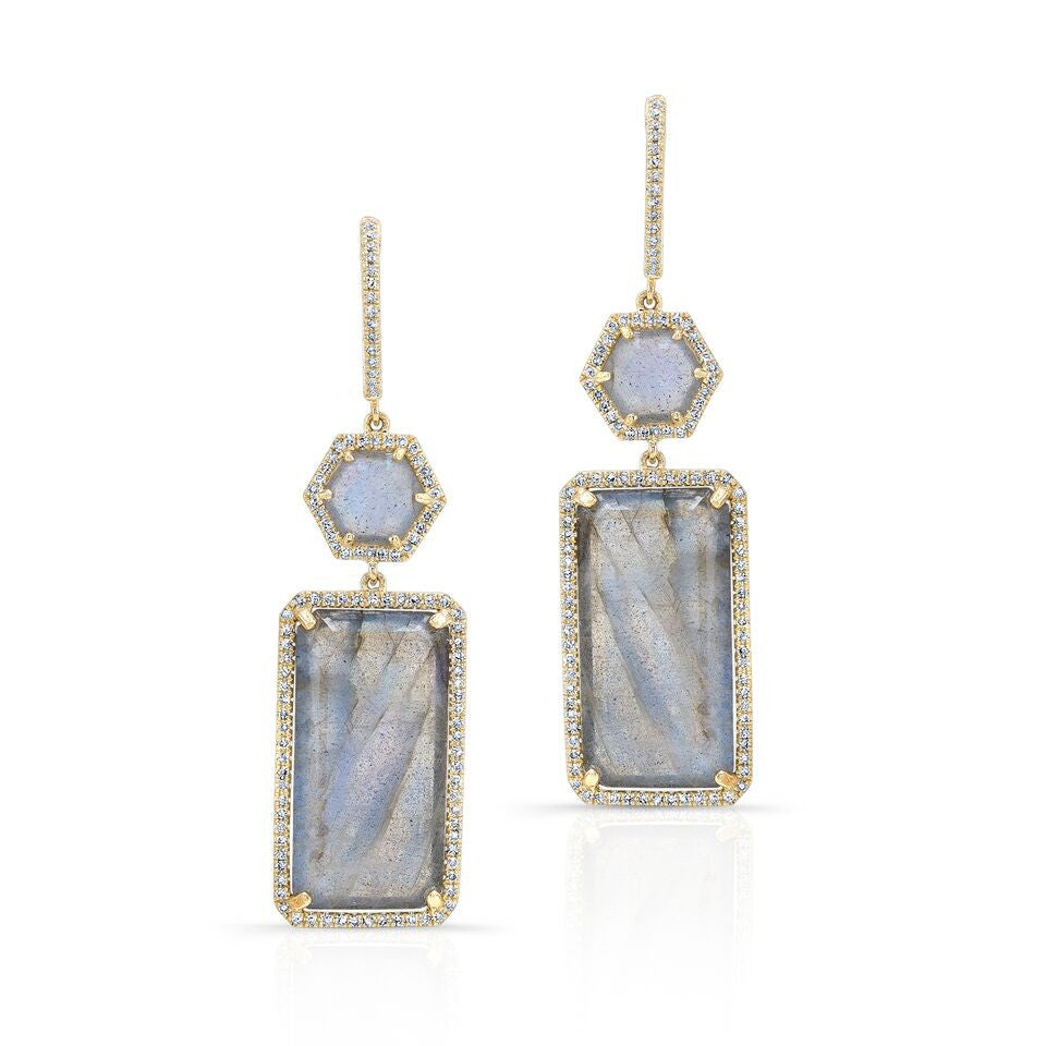 14KT Yellow Gold Labradorite Diamond Geometric Earrings
