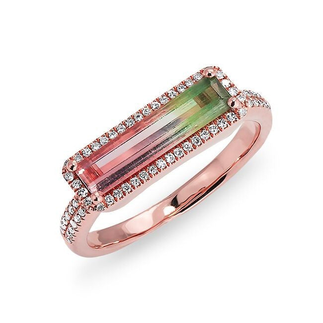 14KT Rose Gold Watermelon Tourmaline Diamond Brick Ring