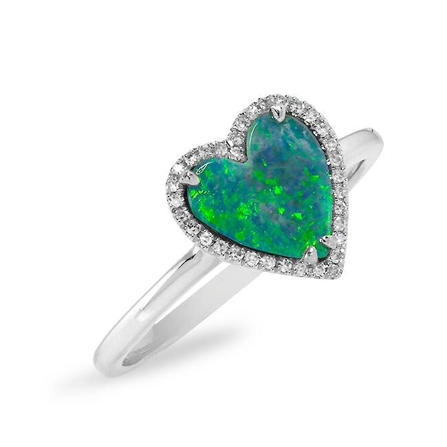 14KT White Gold Opal Diamond Heart Ring