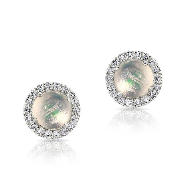14KT White Gold Mini Round Opal Diamond Stud Earrings