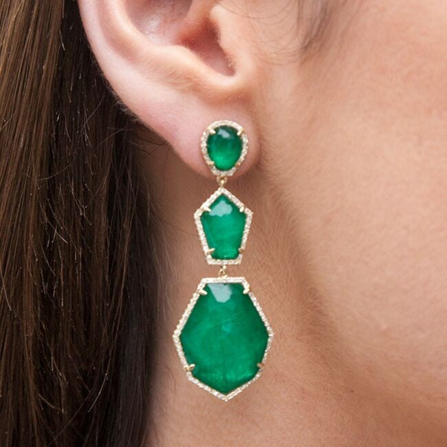 14KT Yellow Gold Diamond Emerald Triple Drop Earring