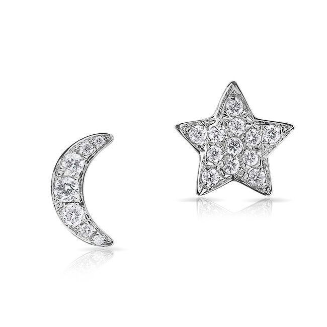 14KT White Gold Diamond Moon And Star Stud Earrings