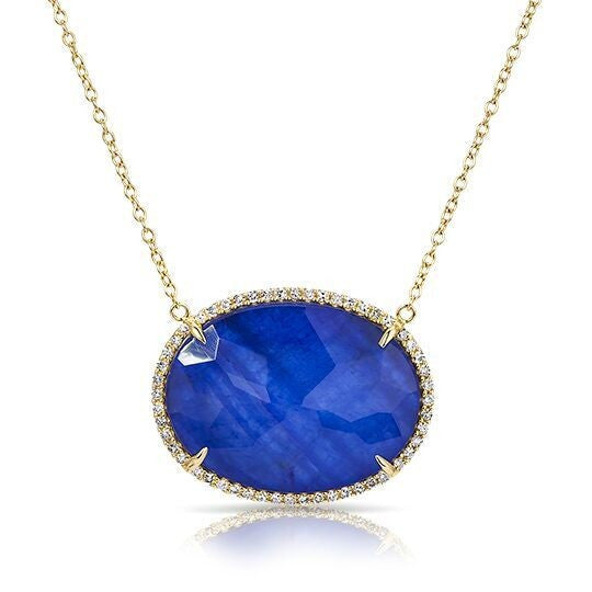 14KT Yellow Gold Bright Blue Sapphire Diamond Oval Necklace