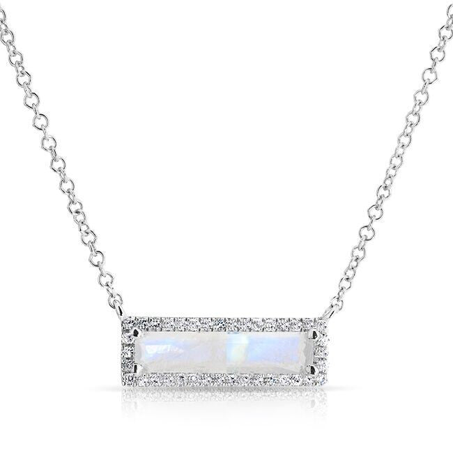 14KT White Gold Moonstone Diamond Brick Necklace