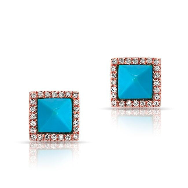 14KT Rose Gold Small Turquoise Pyramid Diamond Medium Stud Earrings