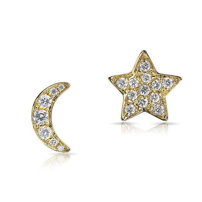 14KT Yellow Gold Diamond Moon And Star Stud Earrings