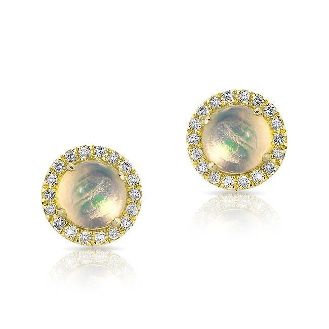 14KT Yellow Gold Mini Round Opal Diamond Stud Earrings