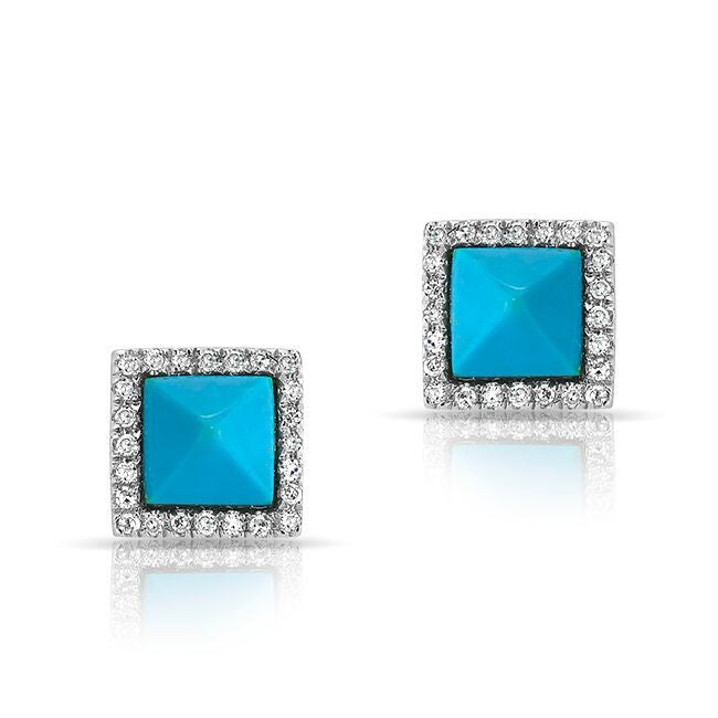 14KT White Gold Small Turquoise Pyramid Diamond Medium Stud Earrings
