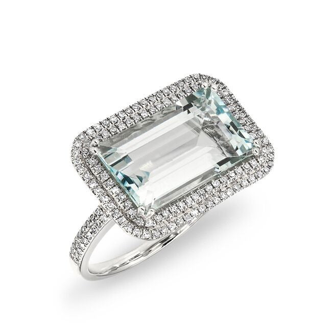 14KT White Gold Diamond Aquamarine Rectangle Ring