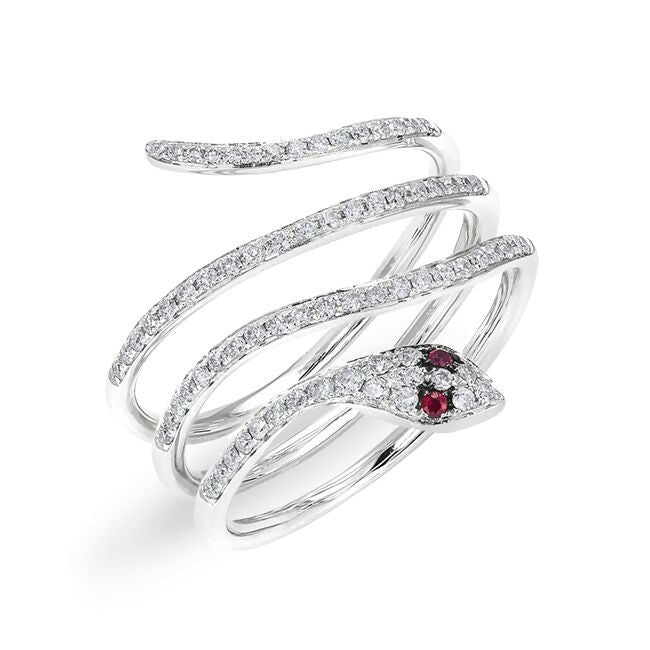 14KT White Gold Ruby Eye Diamond Wrap Snake Ring