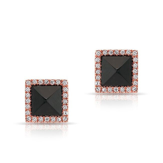 14KT Rose Gold Black Onyx Diamond Pyramid Stud Earrings