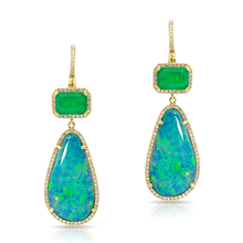 14KT Yellow Gold Emerald And Long Opal Diamond Earrings