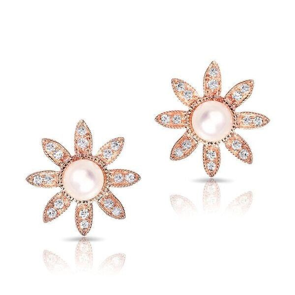 14KT Rose Gold Pearl And Diamond Daisy Flower Stud Earrings