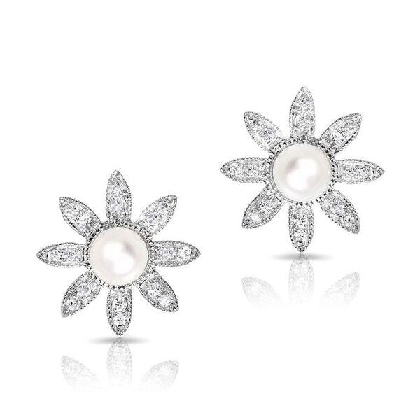 14KT White Gold Pearl And Diamond Daisy Flower Stud Earrings