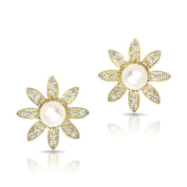 14KT Yellow Gold Pearl And Diamond Daisy Flower Stud Earrings