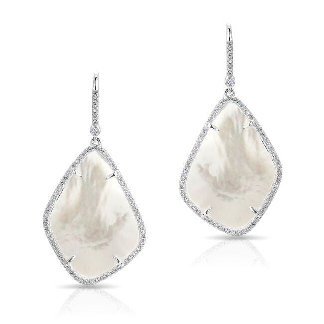 14KT White Gold Mother Of Pearl Organic Diamond Earrings