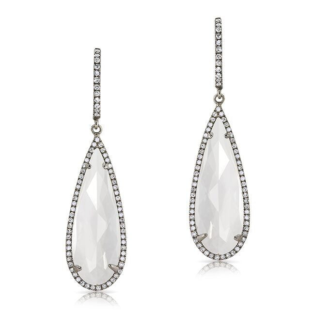 14KT Oxidized White Gold White Topaz Diamond Pear Shaped Earrings