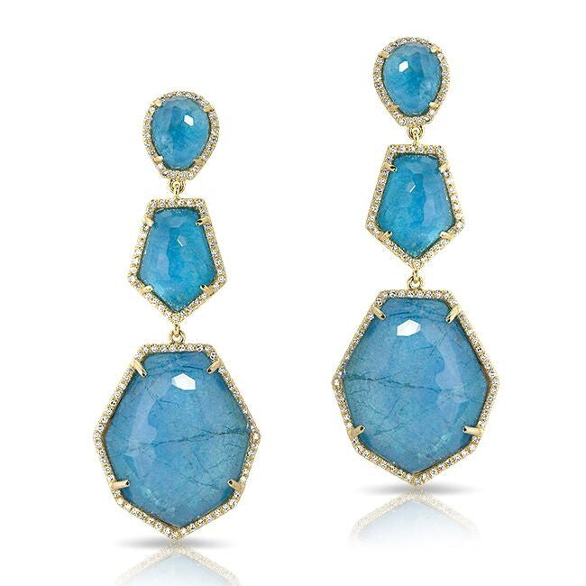 14KT Yellow Gold Blue Apatite Diamond Triple Drop Earrings
