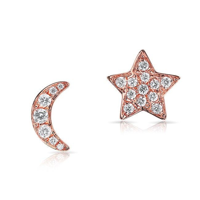 14KT Rose Gold Diamond Moon And Star Stud Earrings