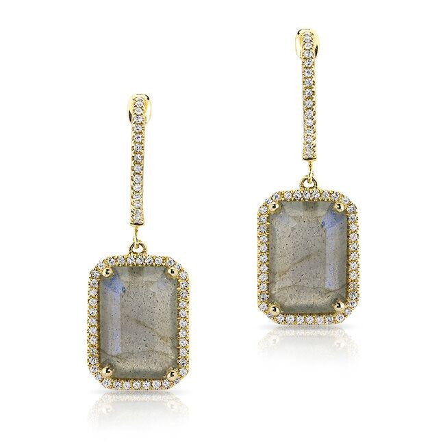 14KT Yellow Gold Rectangle Labradorite Diamond Chic Earrings
