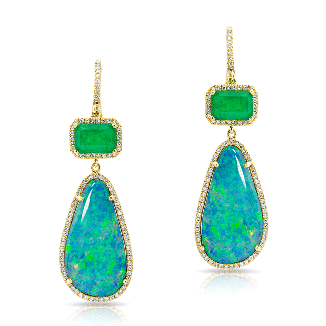 14KT Yellow Gold Emerald And Long Opal Diamond Earrings