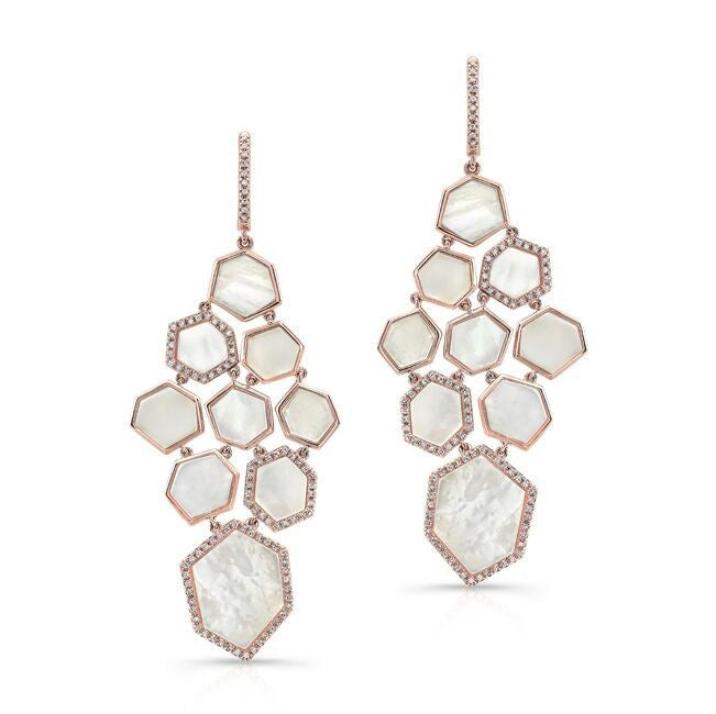 14KT Rose Gold White Mother of Pearl Diamond Chandelier Earrings