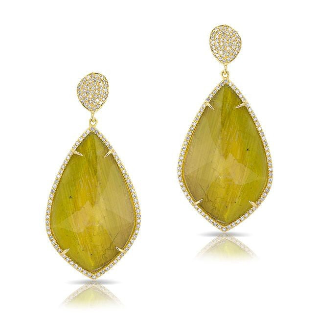 14KT Yellow Gold Green Tourmaline Diamond Leaf Shape Earrings