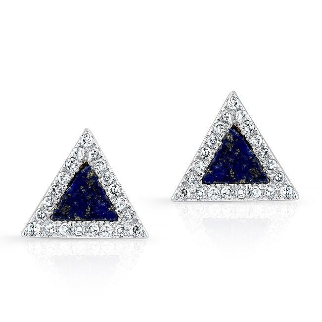 14KT White Gold Lapis Lazuli  Diamond Triangle Stud Earrings