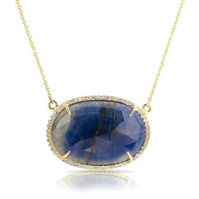 14KT Yellow Gold Blue Sapphire Diamond Oval Necklace
