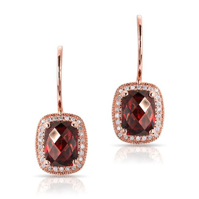 14KT Rose Gold Garnet Diamond Rectangle Earrings