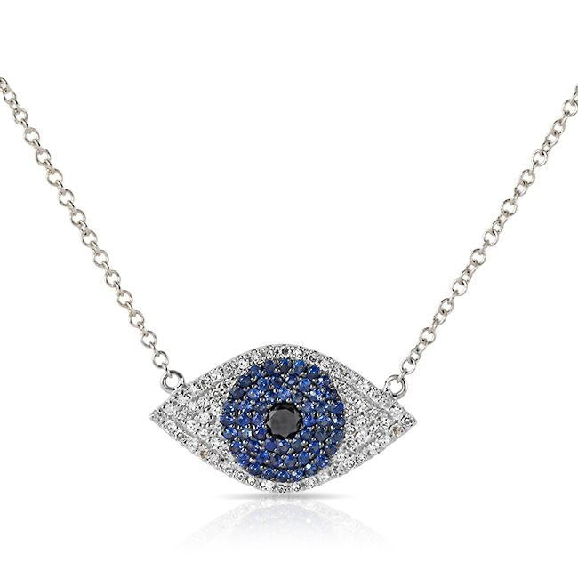 14KT White Gold Blue Sapphire Diamond Evil Eye Necklace