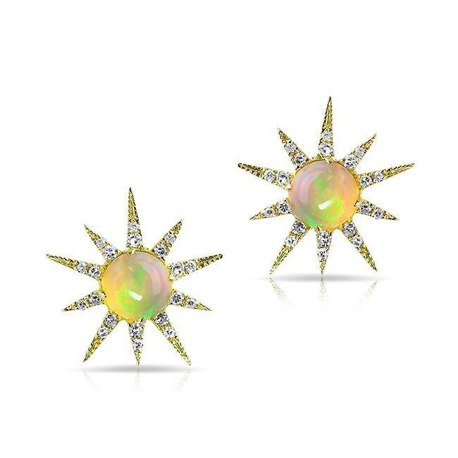 14KT Yellow Gold Opal Diamond Starburst Stud Earrings