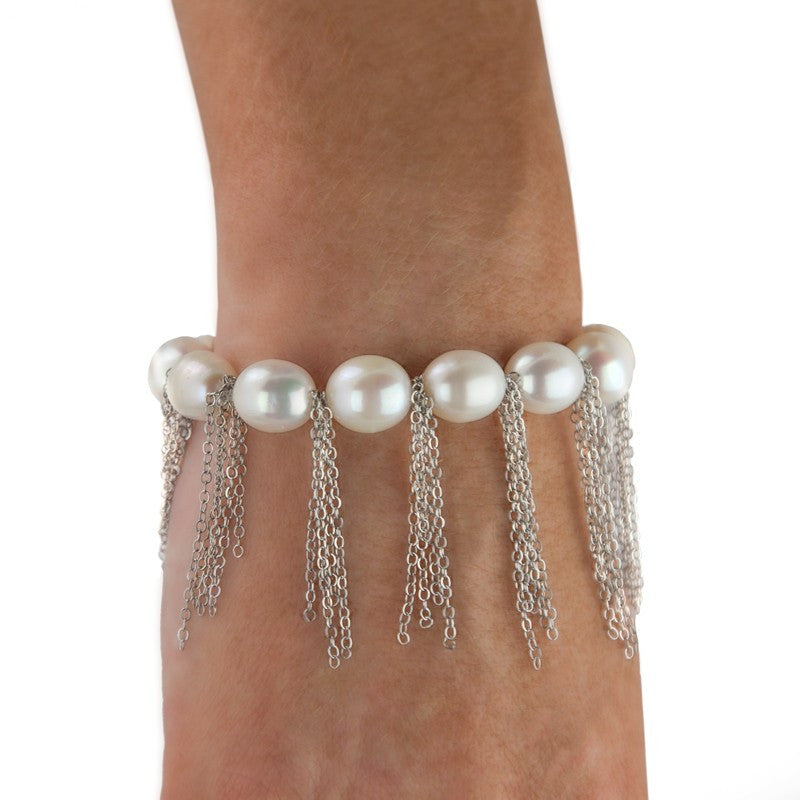 White Pearl Bracelet with Sterling Silver Fringe Chain