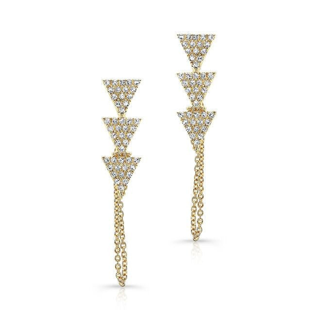 14KT Yellow Gold Diamond Stacked Triangle Chain Earrings