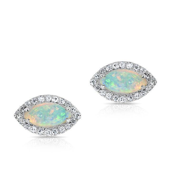 14KT White Gold Opal Diamond Mini Marquis Stud Earrings