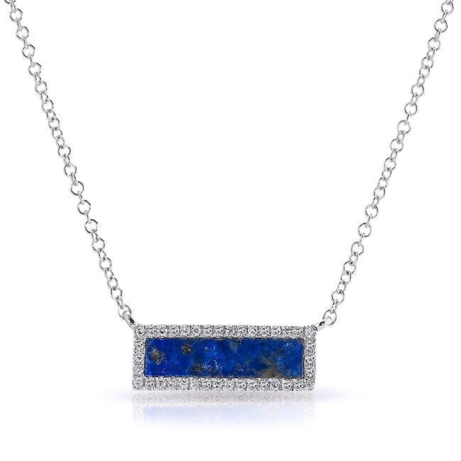 14KT White Gold Lapis Diamond Brick Necklace