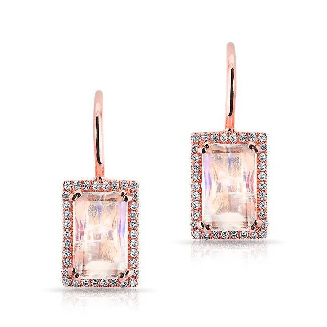14KT Rose Gold Rectangle Moonstone Diamond Earrings