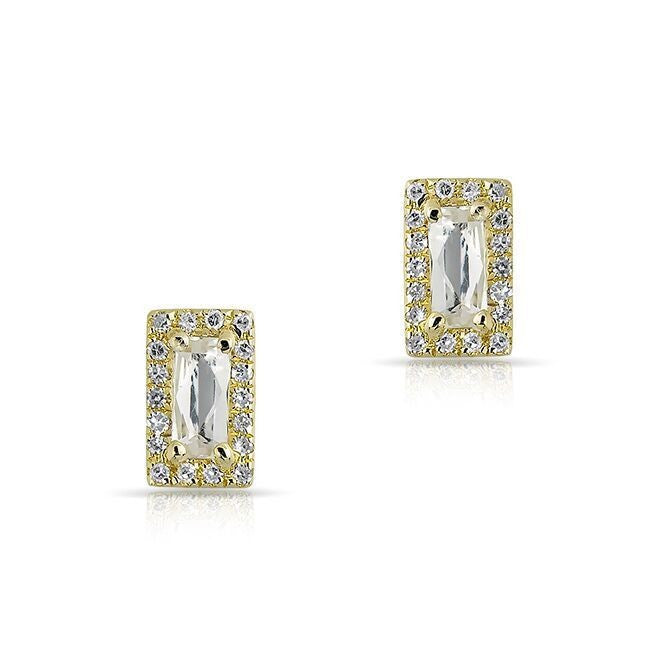 14KT Yellow Gold White Topaz Diamond Mini Rectangle Stud Earrings
