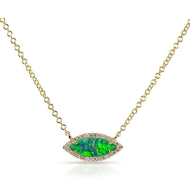14KT Yellow Gold Opal Diamond Mini Marquis Necklace