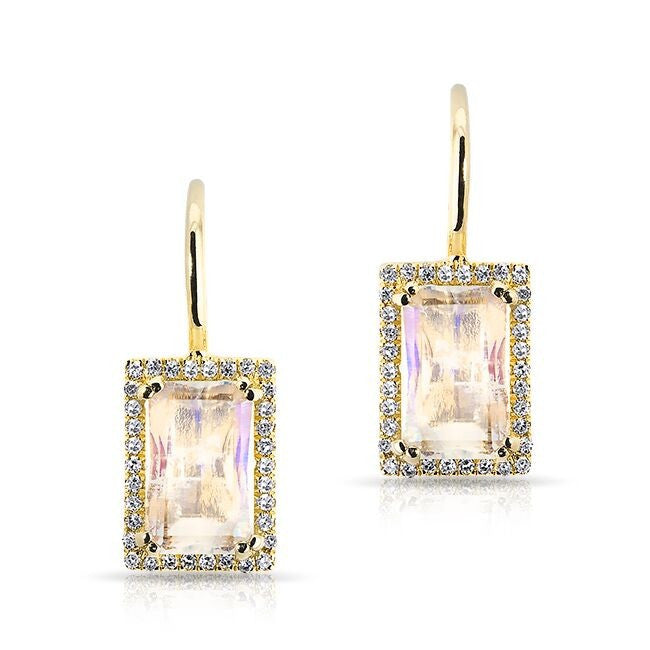 14KT Yellow Gold Rectangle Moonstone Diamond Earrings